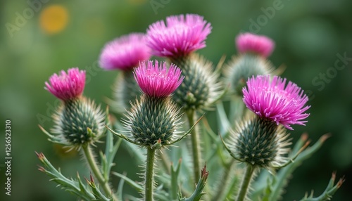 Closeup Marian thistle also known Scotch thistle blooming. Violet pink flowers, spiky leaves. Wild plant in summer field. Blurred background, sunny weather. Herbal medicine, floral backdrop, vibrant photo
