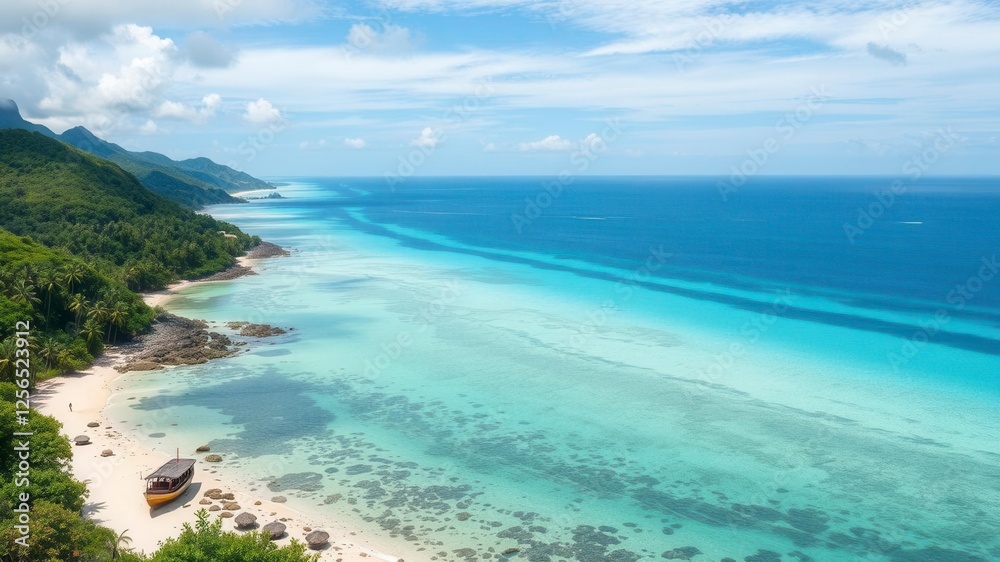 Spectacular view of a pristine beach with crystal clear turquoise waters and golden sand under a clear blue sky, vacation, idyllic, travel