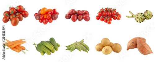 An array of fresh vegetables including various types of tomatoes, artichokes, carrots, cucumbers, okra, potatoes, and sweet potatoes, displayed on a white background.
 photo