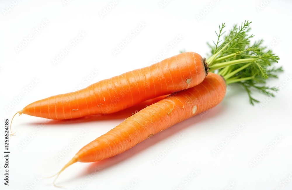 Two fresh organic carrots isolated on white background. Orange root vegetables with green haulm. Raw ripe carrot for healthy eating and diet. Source of vitamin, ingredient for salad, soup. Two fresh organic carrots isolated on white background. Orange root vegetables with green haulm. Raw ripe carrot for healthy eating and diet. Source of vitamin, ingredient for salad, soup.
