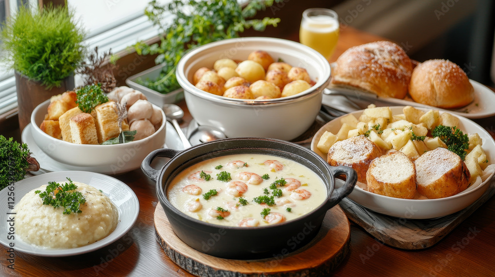 Danish cuisine menu cover page template. Roast pork with baked apples, pork belly with parsley sauce and meatball potato soup, elderflower lemonade, cod fillet and pudding Risalamande, shrimp cocktail Danish cuisine menu cover page template. Roast pork with baked apples, pork belly with parsley sauce and meatball potato soup, elderflower lemonade, cod fillet and pudding Risalamande, shrimp cocktail