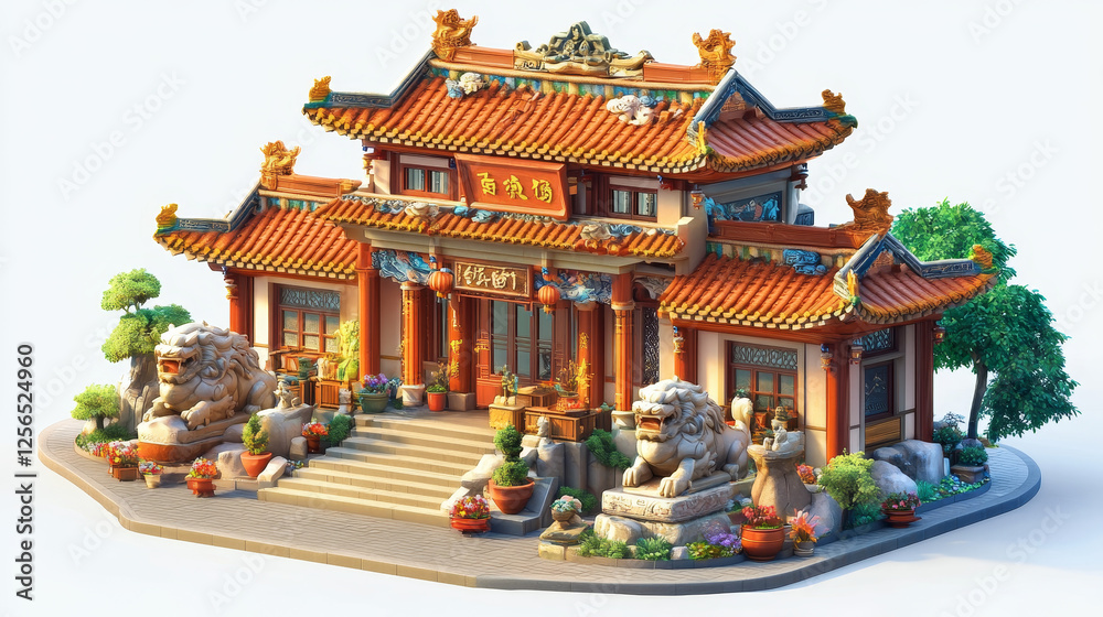Chinese restaurant isolated exterior design. Vector cafe building, China cuisine bistro, ion statues Chinese restaurant isolated exterior design. Vector cafe building, China cuisine bistro, ion statues