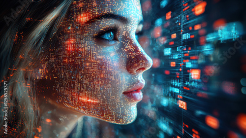 Woman's face merges with digital streams and pixels for a futuristic exploration of identity and technology in a sci-fi realism context