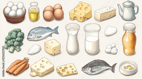 Chart table content of vitamins and minerals in food. Vector eggs, cheese, cow or soy milk and curd, cocoa, soy flour and soya meat or tofu skin, fish, oil and butter with chicken leg photo