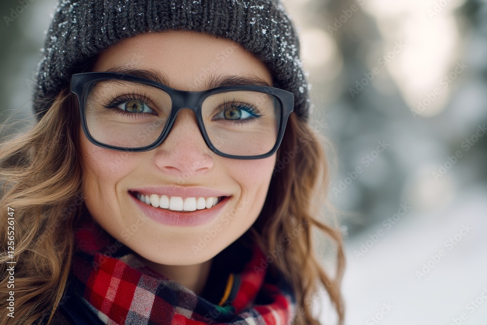 Smiling caucasian female adult in winter attire with glasses and beanie in snowy landscape