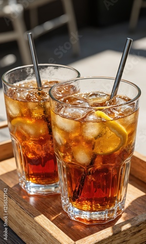 Glasses of iced tea with lemon slices and ice cubes on a wooden tray. Refreshing summer beverage concept.