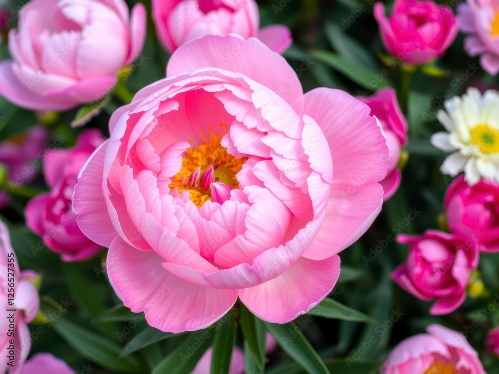 Pink peony flowers arranged in a lush background, vibrant, romantic Pink peony flowers arranged in a lush background, vibrant, romantic