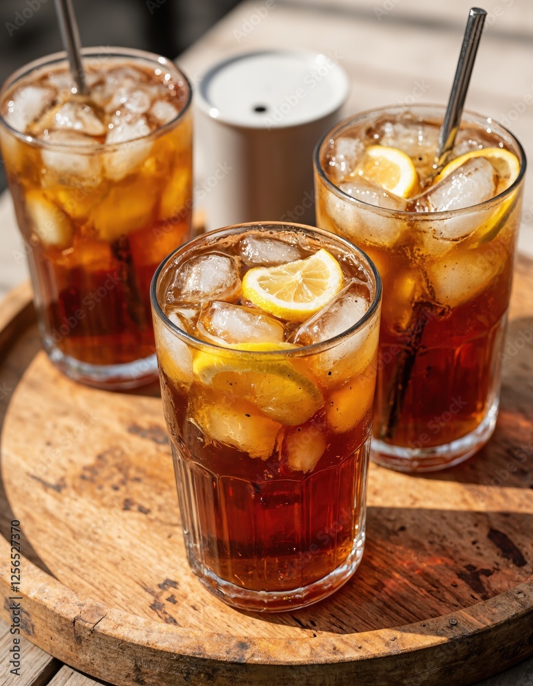 Glasses of iced tea with lemon slices and ice cubes on a wooden tray. Refreshing summer beverage concept.