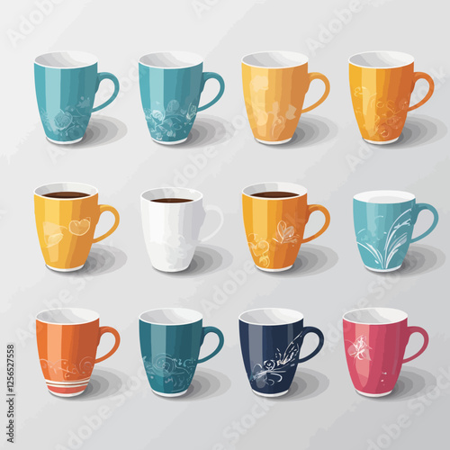 Colorful modern coffee mugs with decorative floral designs. Ideal for coffee branding, interior decor, and digital marketing.
