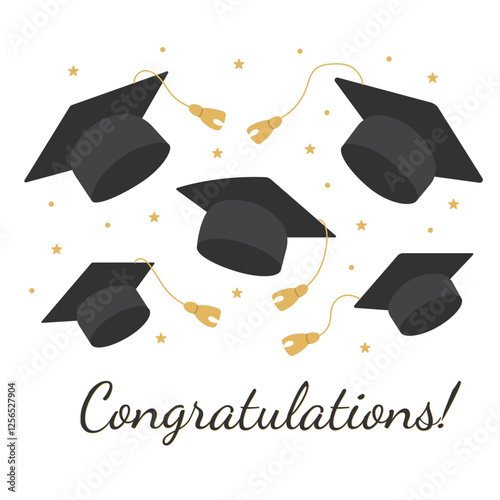 Congratulations on your graduation. Graduation caps with tassels in the air. Vector illustration