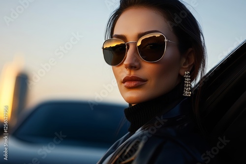 Stylish young caucasian woman in sunglasses with cityscape at sunset