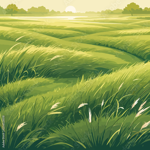 A peaceful landscape of lush green fields at sunset, featuring rolling hills and tall grass. Perfect for backgrounds, nature themes, and eco-friendly designs.