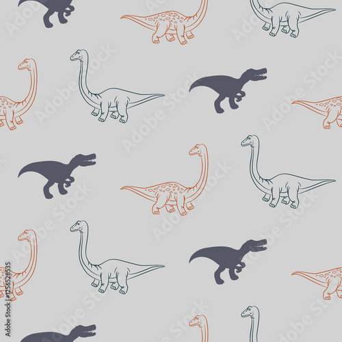 Dinosaur seamless pattern. Hand drawn vector dinosaurs for textile design. Neutral gray background Tyrannosaurus Rex, Stegosaurus, Brachiosaurus, Triceratops outline animals for boys and teens