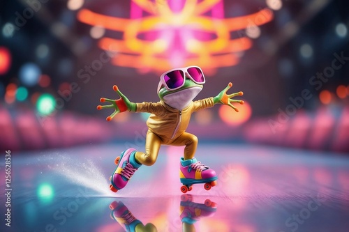 frog on roller skates wearing sunglasses and a gold outfit 
dancing under disco lights 