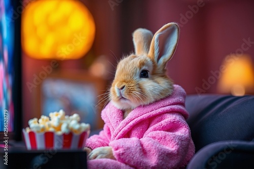cute rabbit with a pink robe, watching TV, with popcorn