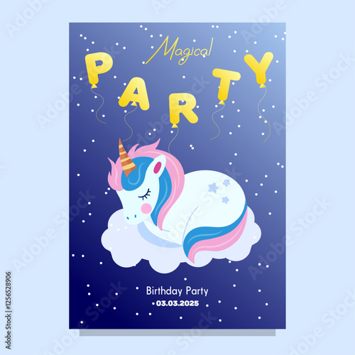 Cute Hand drawn sleeping unicorn scene card template for birthday party with rainbow clouds and night