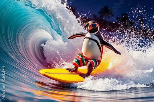 a penguin in a swimsuitis surfing on a yellow surfboard on a wave 