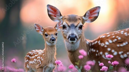 Fototapeta Naklejka Na Ścianę i Meble -  White-tailed deer doe and fawn in sunset meadow