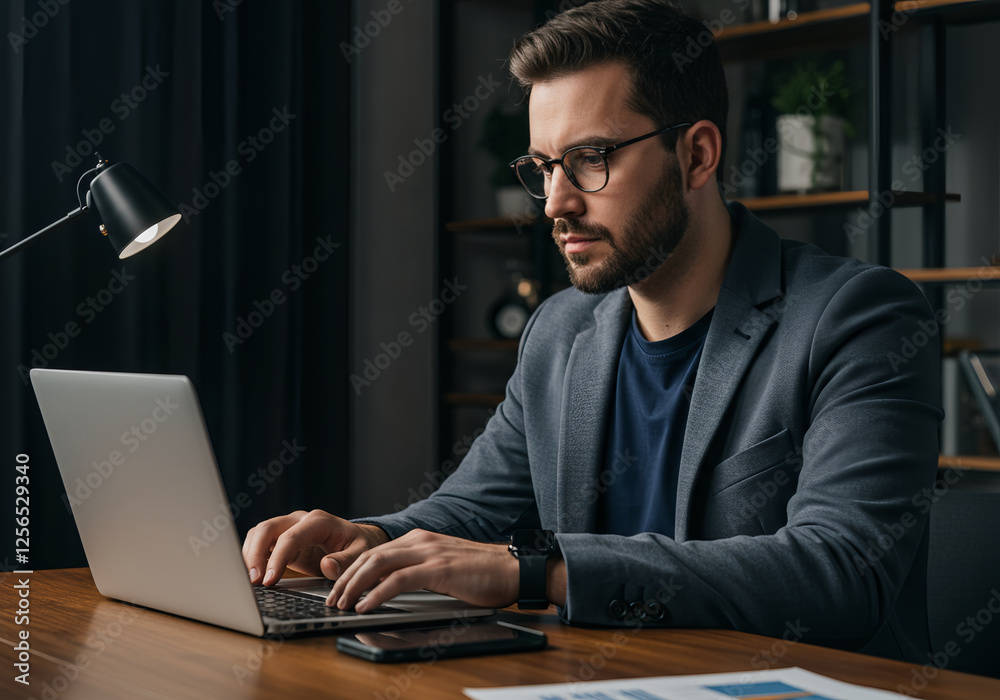 Young businessman professional employee using pc doing online work. Young businessman professional employee using pc doing online work.