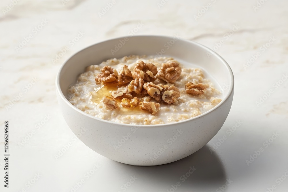 A minimalist composition featuring a white bowl filled with warm oatmeal, topped with a generous sprinkle of chopped walnuts and a delicate drizzle of golden honey. A minimalist composition featuring a white bowl filled with warm oatmeal, topped with a generous sprinkle of chopped walnuts and a delicate drizzle of golden honey.