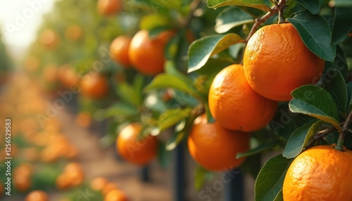 Abundant orange field filled with ripe mandarins on sunny day. Tree branches abundant in juicy fruits, green leaves. Healthy vegetarian diet. Fresh vibrant oranges. Source of vitamin C.