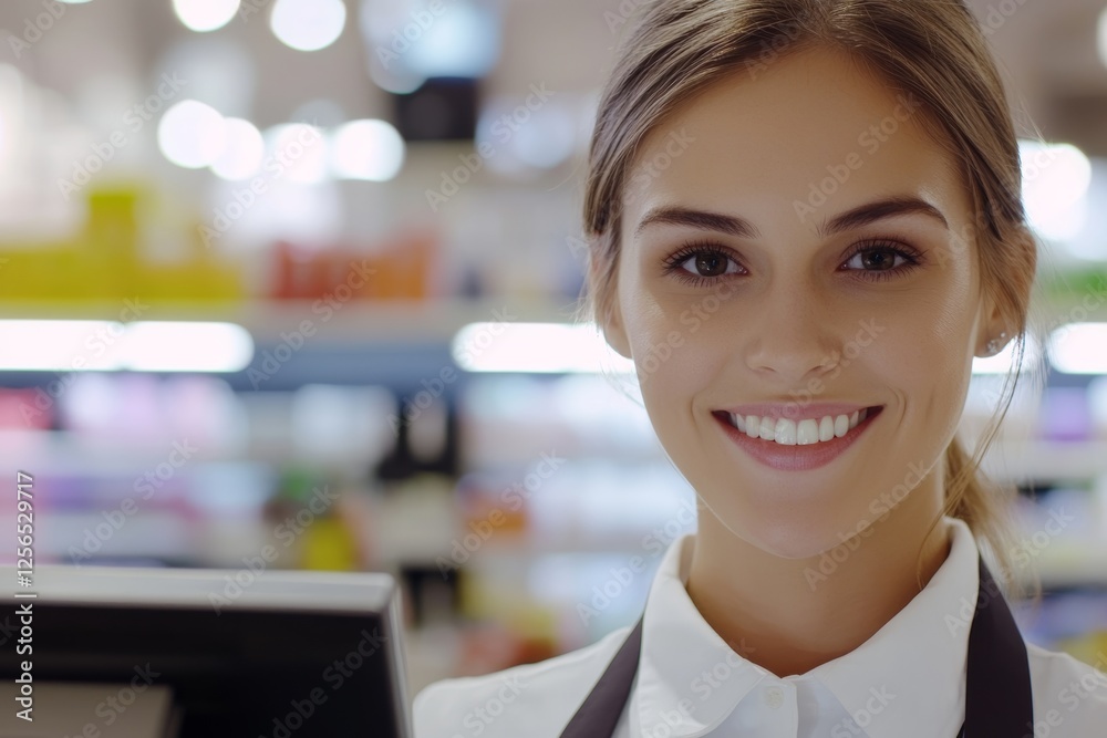 Fototapeta premium Smiling young caucasian female cashier in retail environment with blurred background