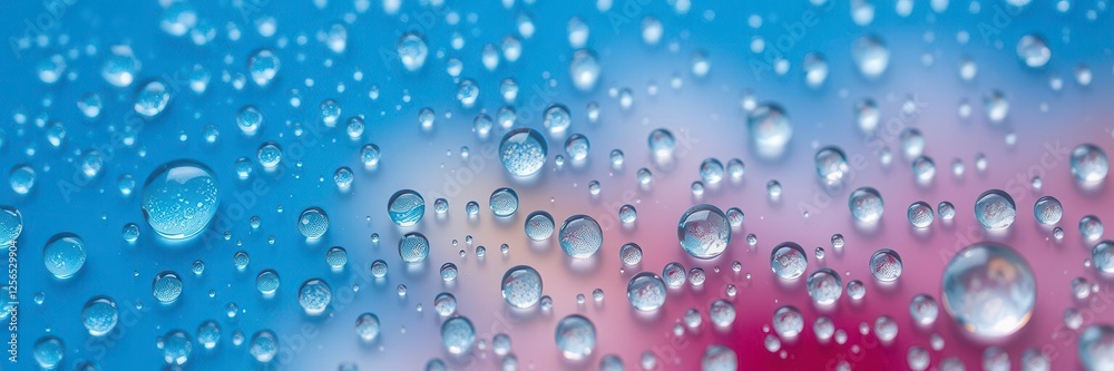 Water drops in various sizes and shapes scattered on a vibrant blue background, creating a mesmerizing and serene scene, aqua, surface tension