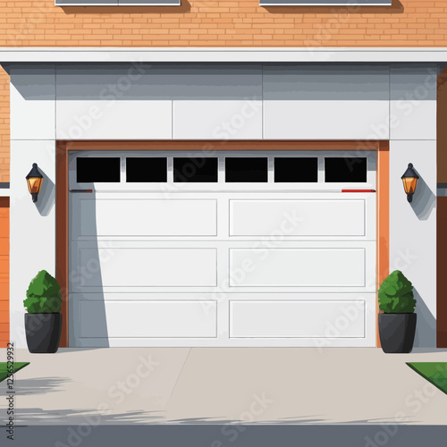 Elegant white garage door with decorative glass panels and brick facade. Perfect for home exteriors, suburban houses, and real estate visuals.