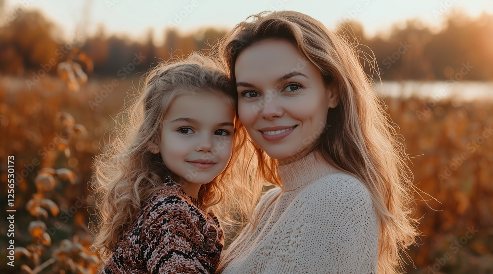 Fototapeta premium a mother with her daughter, enjoying the sunset on the meadow, celebrating Women's Day