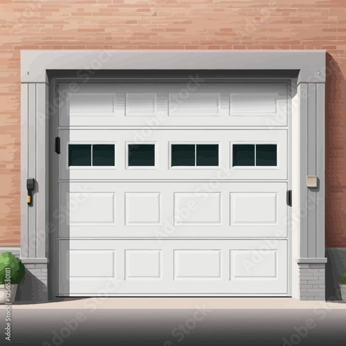 Elegant white garage door with decorative panels and a brick wall. Ideal for home exteriors, residential real estate, and architecture projects.