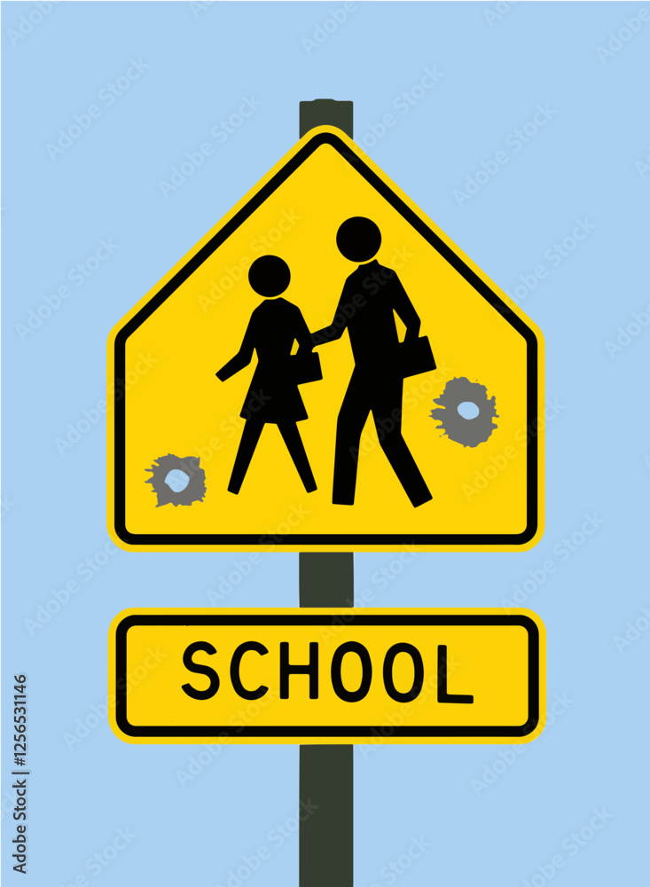 Bullet holes in a school crossing traffic sign illustrates tragic school shootings in the USA in recent years. Bullet holes in a school crossing traffic sign illustrates tragic school shootings in the USA in recent years.