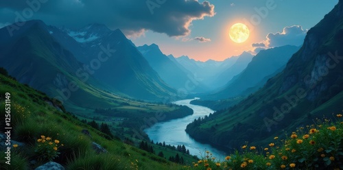 Moonlit peaks, river winding through emerald valley , wallpaper, explore, alpine