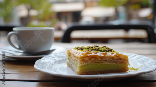 Turkish cuisine desserts food menu, pastry sweets, Turkey traditional patisserie and cafe food, vector. Turkish delight lokum, cigara borek and pistachio baklava, tavuk gogsu pudding and coffee photo