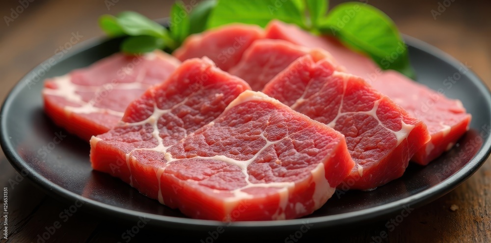 Raw beef slices, marbled texture, arranged on a plate, gastronomy, meat, protein Raw beef slices, marbled texture, arranged on a plate, gastronomy, meat, protein