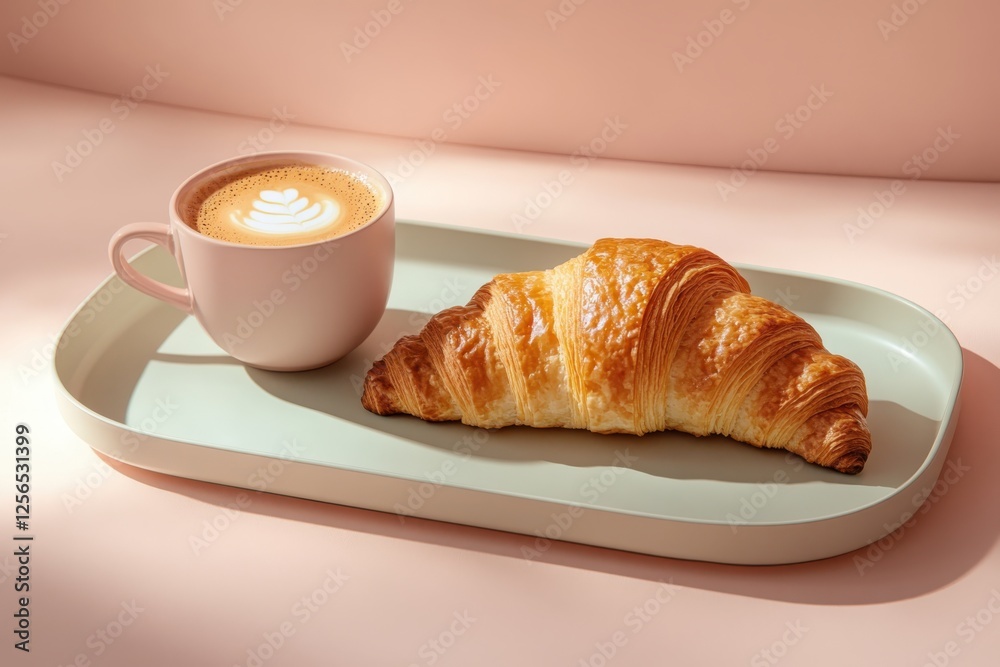 A minimalist presentation of croissant and a cup of cappuccino. The golden-brown croissant is arranged elegantly on a tray on a light pastel pink background. A minimalist presentation of croissant and a cup of cappuccino. The golden-brown croissant is arranged elegantly on a tray on a light pastel pink background.