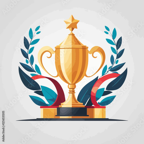 Golden championship trophy with laurel wreath decorations. Perfect for sports achievements, business awards, and success recognition.
