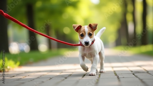 A tiny Fox Terrier puppy takes hesitant steps on a leash for the first time. Its wiry white and tan fur is ruffled by a breeze as it curiously glances at its owner.