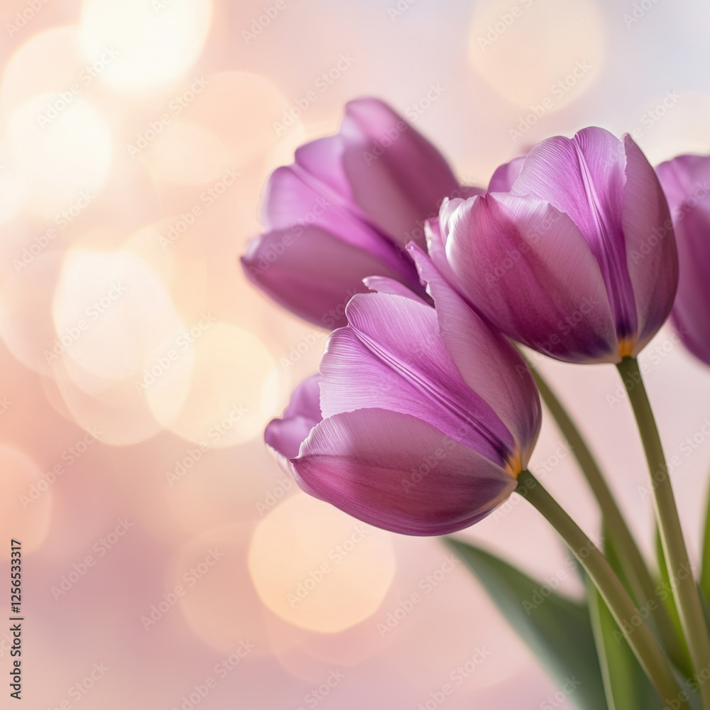 Obraz premium Purple tulips on light blurred background, copy space, minimalistic floral banner for spring holiday, international women's day. Concept background tulips background.