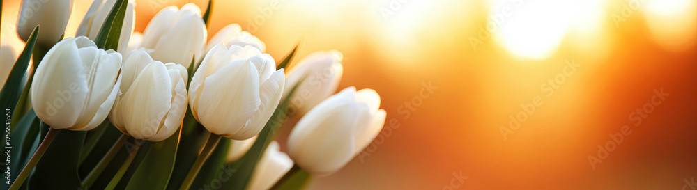 White tulips on light blurred background, copy space, minimalistic floral banner for spring holiday, international women's day. Concept background tulips background.