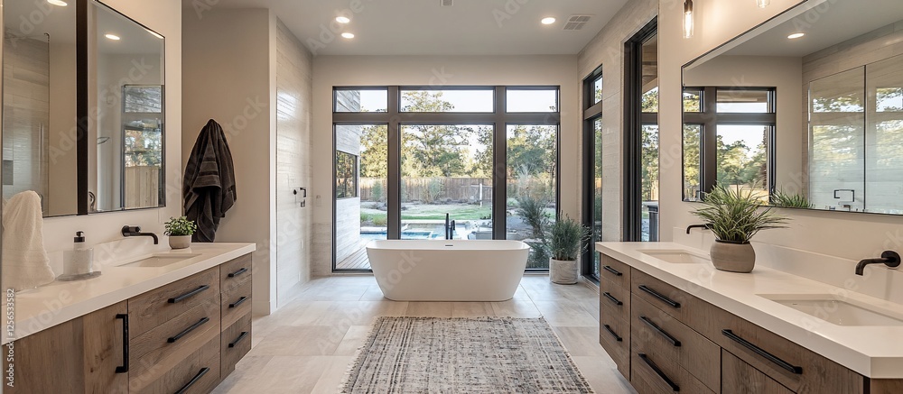 Modern bathroom interior featuring freestanding tub, dual vanities, and large windows with garden view Modern bathroom interior featuring freestanding tub, dual vanities, and large windows with garden view