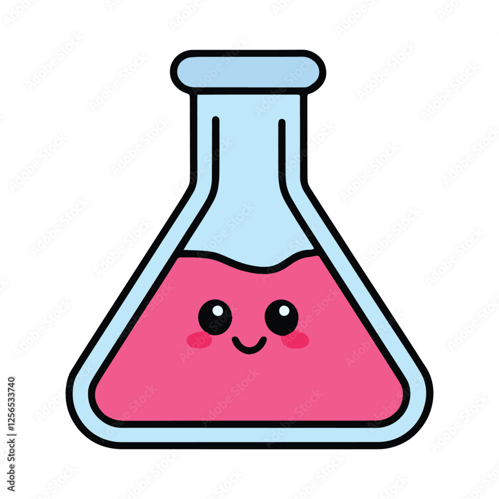 Kawaii chemistry lab flask vector illustration. Cute smiling flask with liquid inside, isolated on white background. Perfect for science, education, and school designs.