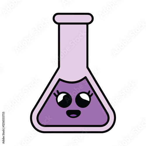 Kawaii chemistry lab flask vector illustration. Cute smiling flask with liquid inside, isolated on white background. Perfect for science, education, and school designs.