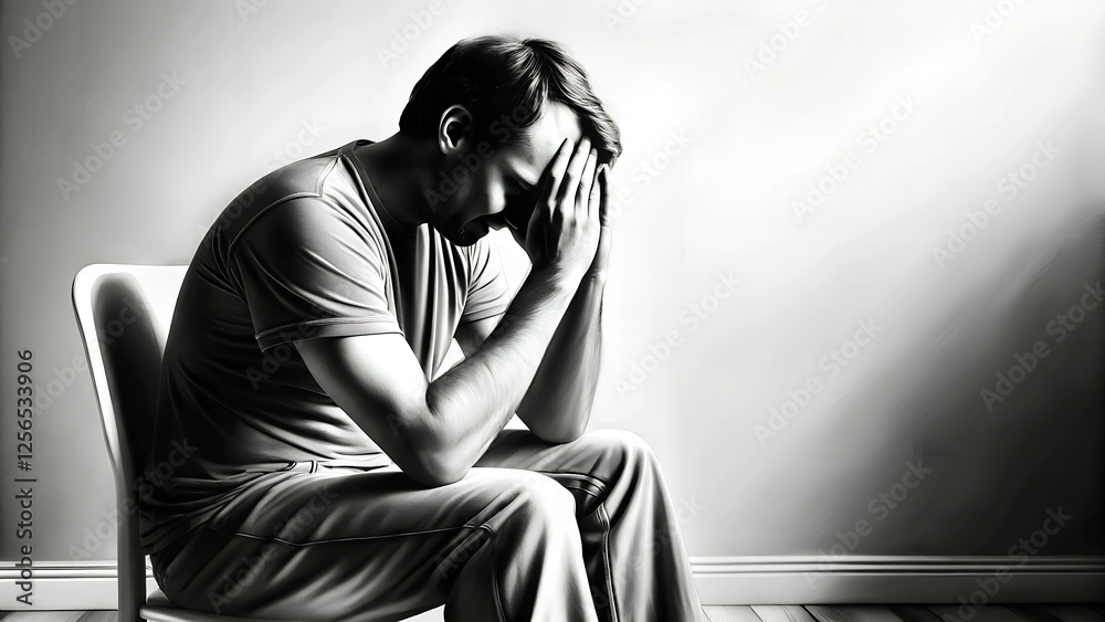 Man sits hunched in chair, head bowed with clasped hands showing despair. Dramatic lighting emphasizes emotional moment. Concept: Crisis hotline, Depression support, Mental wellness center Man sits hunched in chair, head bowed with clasped hands showing despair. Dramatic lighting emphasizes emotional moment. Concept: Crisis hotline, Depression support, Mental wellness center