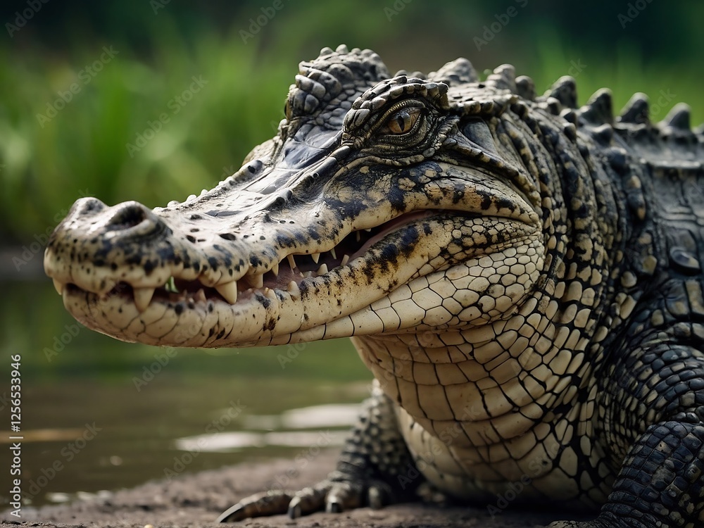 Fototapeta premium Fierce Crocodile Close-Up in Freshwater Habitat Wildlife Photography