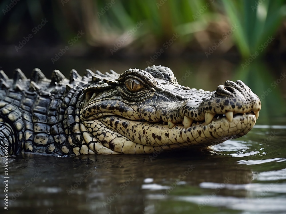 Fierce Green Crocodile Close-Up Portrait in Freshwater Habitat Wild Nature Photography Fierce Green Crocodile Close-Up Portrait in Freshwater Habitat Wild Nature Photography