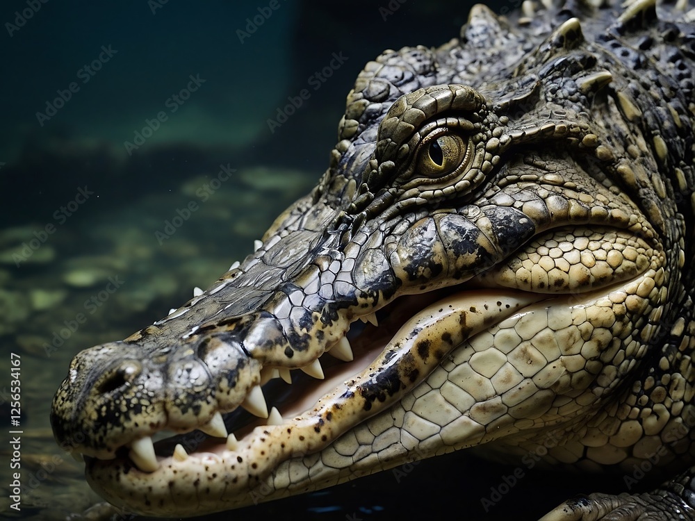 Fototapeta premium Fierce Crocodile Close-Up Portrait in Freshwater Habitat Natural Environment