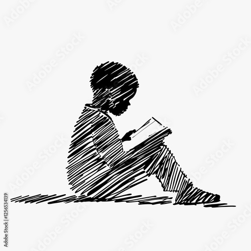 African American child reads book while sitting on ground. Focused expression shows deep concentration. Plenty of copy space above. Concept: Education, Libraries, Youth Programs