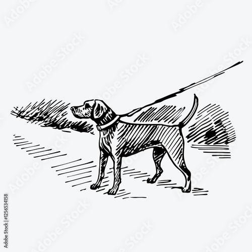 Alert hunting dog stands on leash. Pointer breed shows attentive stance outdoors. White space available for text. Concept: Pet Care, Veterinary Services, Dog Training