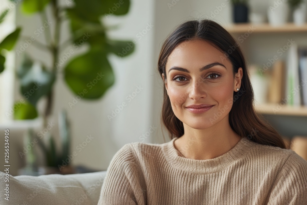 Smiling young hispanic female in cozy sweater at home Smiling young hispanic female in cozy sweater at home