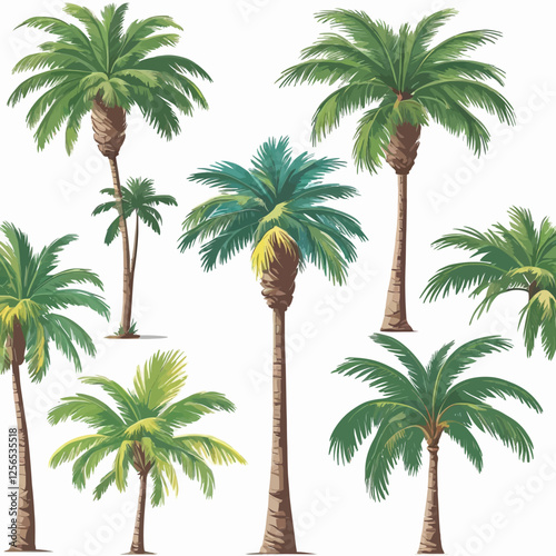 A set of tropical palm trees in vector format, featuring various shapes and sizes. Perfect for vacation themes, summer graphics, beach designs, and travel advertisements. photo